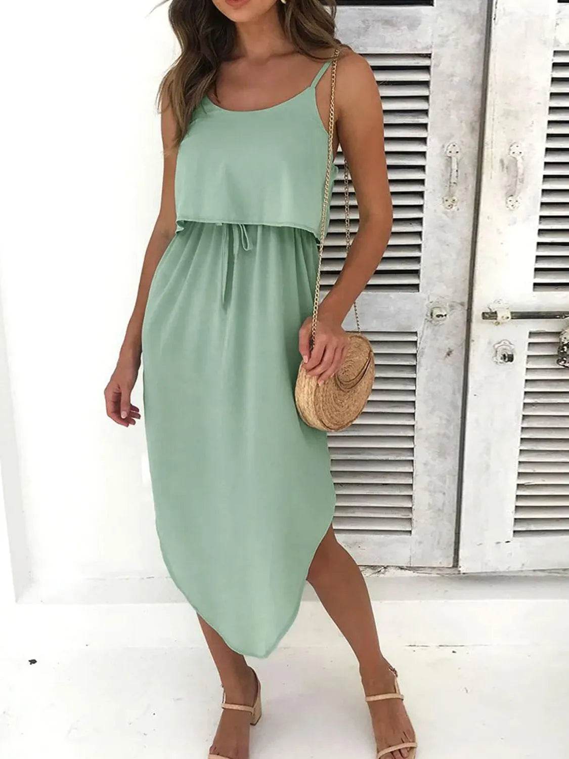 Light Green Tie Waist Midi Dress - MARIGOLD