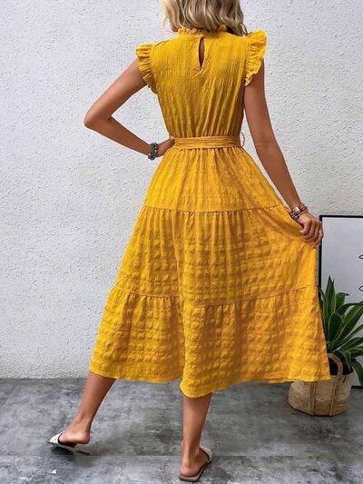 Tied Ruffled Cap Sleeve Midi Dress - MARIGOLD