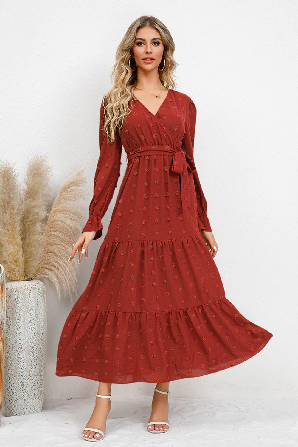 Swiss Dot Tied Waist Surplice Flounce Sleeve Midi Dress - MARIGOLD