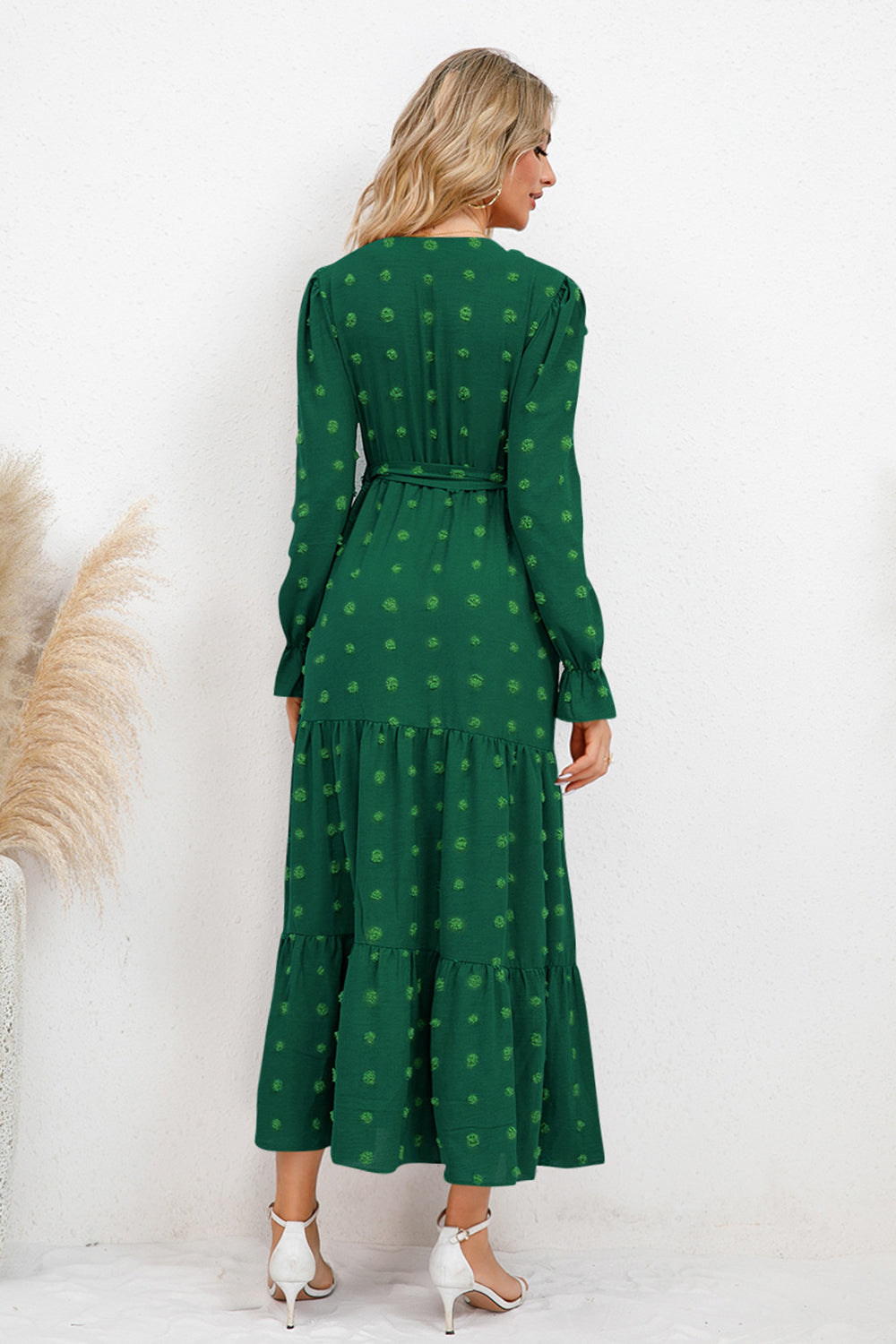 Swiss Dot Tied Waist Surplice Flounce Sleeve Midi Dress - MARIGOLD