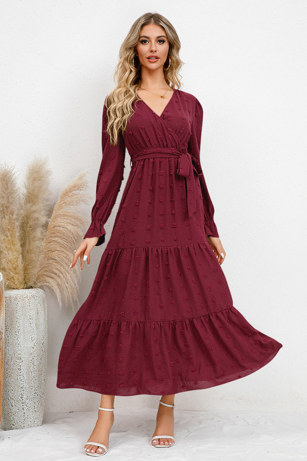 Swiss Dot Tied Waist Surplice Flounce Sleeve Midi Dress - MARIGOLD