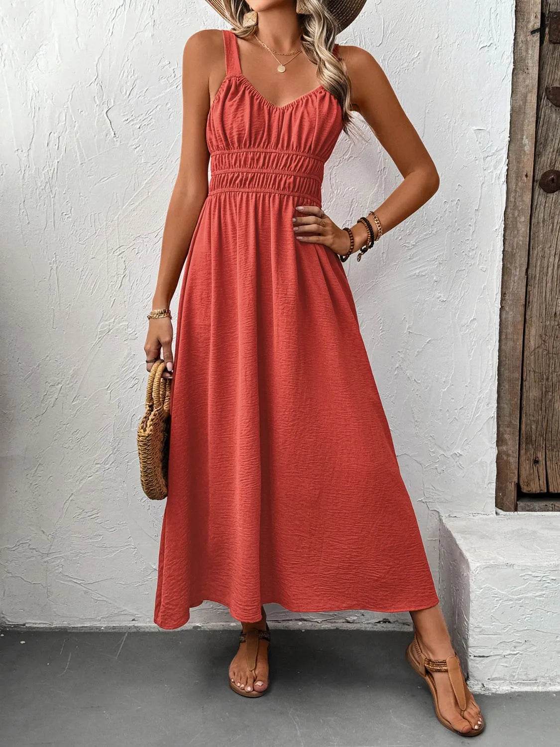 Coral Red Ruched Cami Midi Dress with Back Tie - MARIGOLD