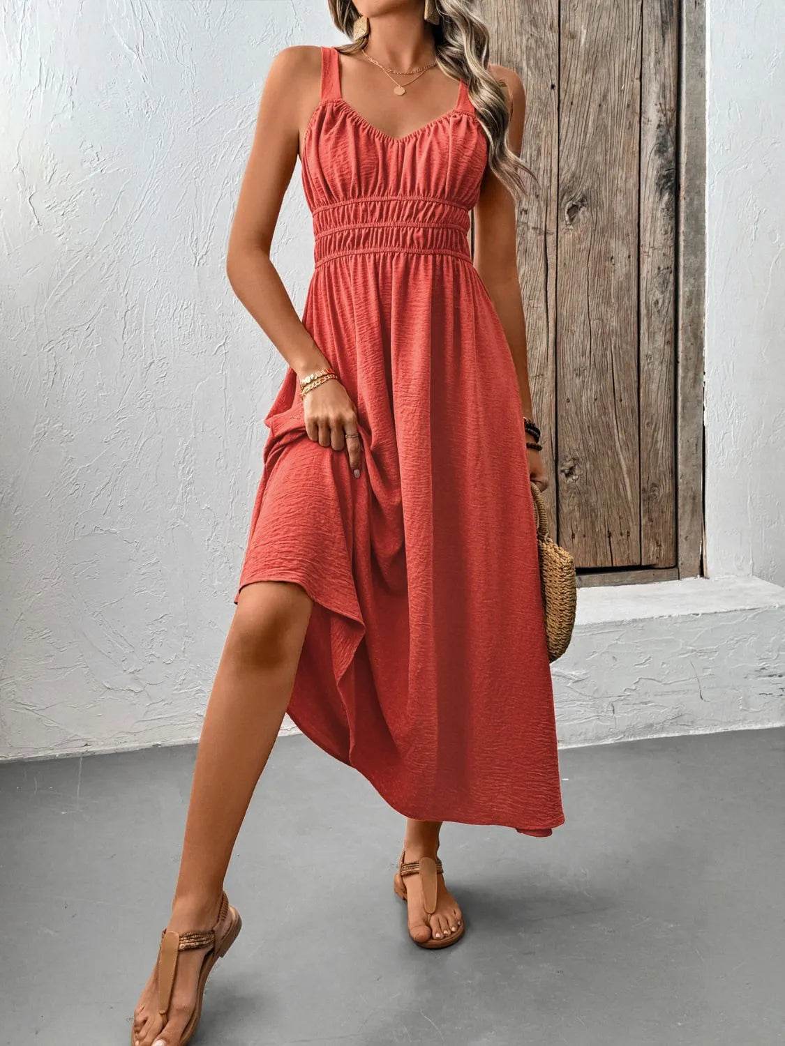 Coral Red Ruched Cami Midi Dress with Back Tie - MARIGOLD
