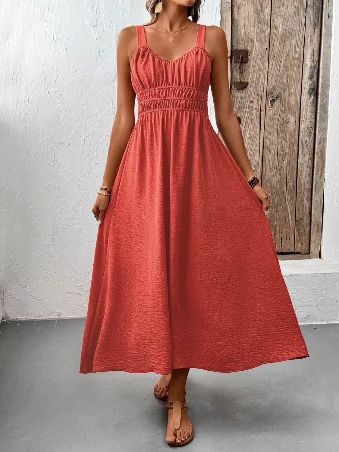 Coral Red Ruched Cami Midi Dress with Back Tie - MARIGOLD
