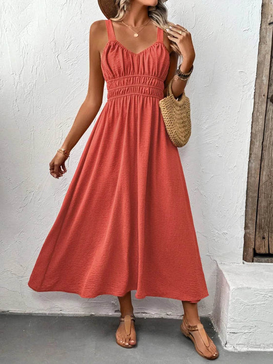 Coral Red Ruched Cami Midi Dress with Back Tie - MARIGOLD