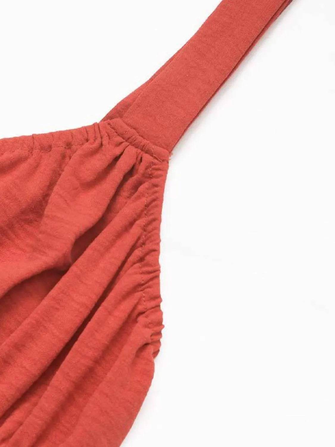 Coral Red Ruched Cami Midi Dress with Back Tie - MARIGOLD