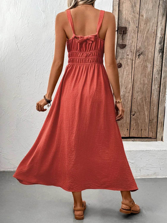 Coral Red Ruched Cami Midi Dress with Back Tie - MARIGOLD