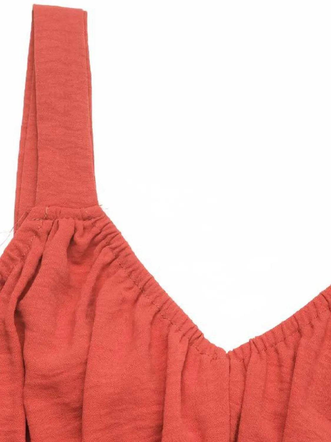 Coral Red Ruched Cami Midi Dress with Back Tie - MARIGOLD