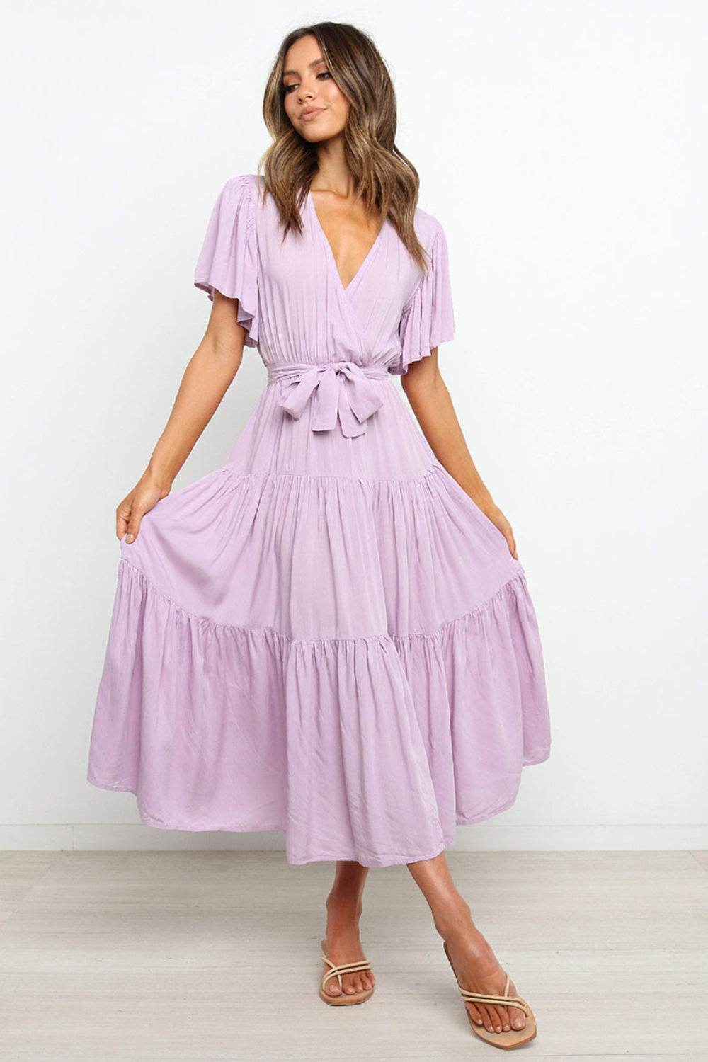 Angel Sleeve Tied Waist Midi Dress - MARIGOLD