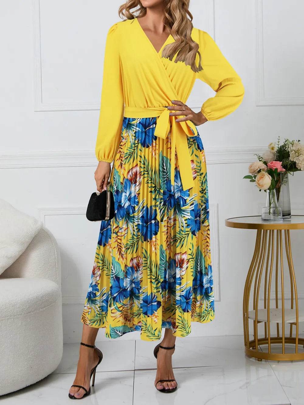 Pleated Floral Surplice Long Sleeve Dress - MARIGOLD