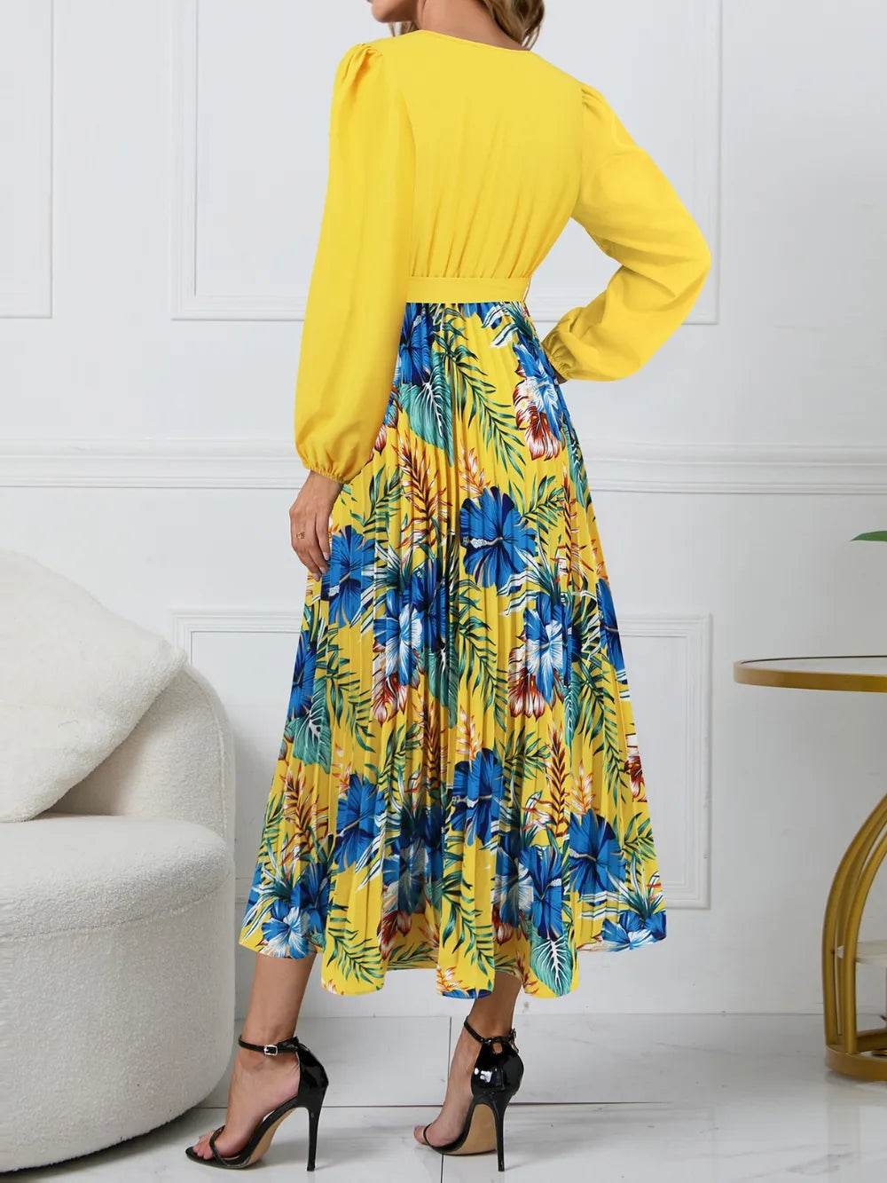 Pleated Floral Surplice Long Sleeve Dress - MARIGOLD