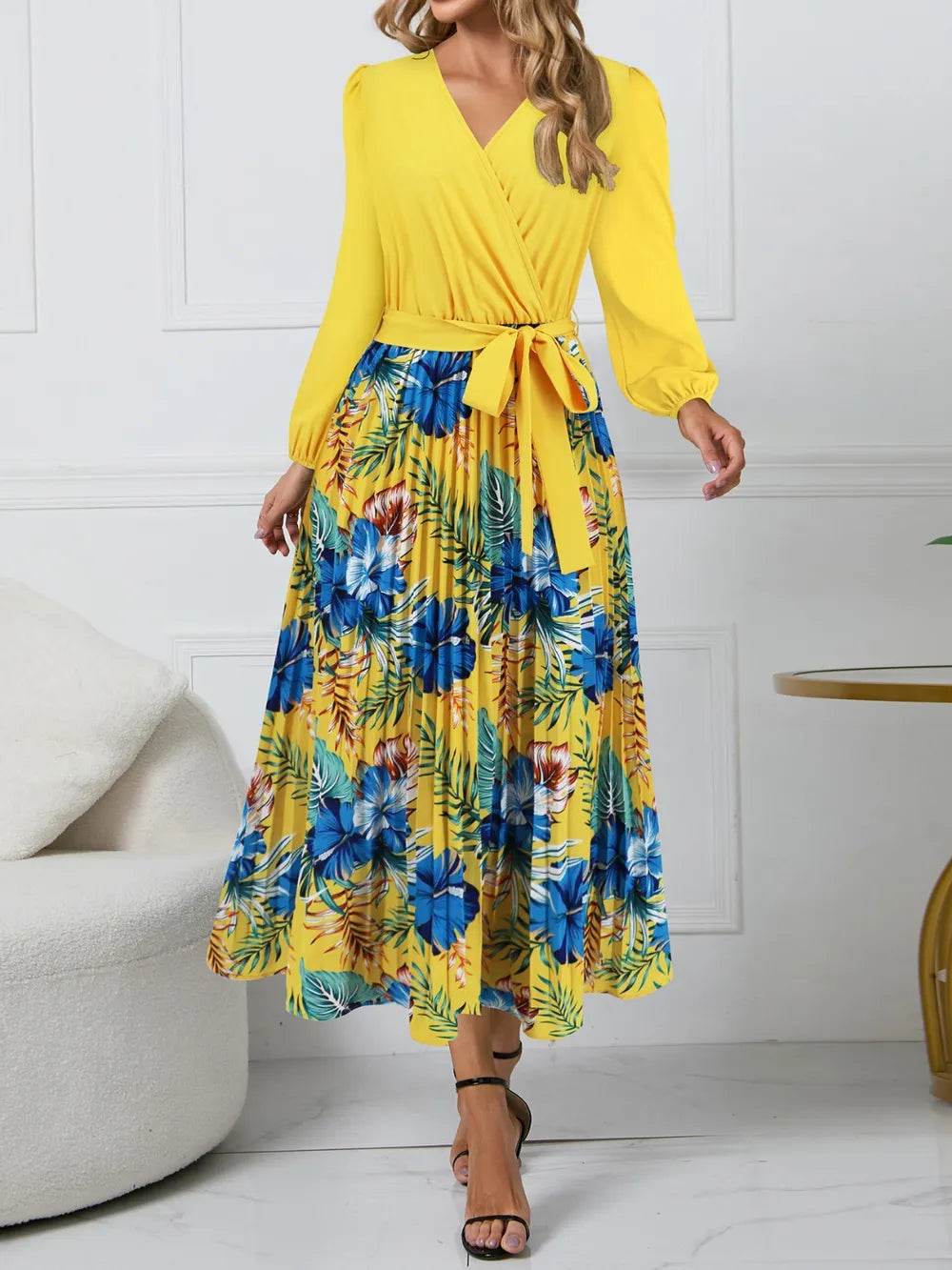 Pleated Floral Surplice Long Sleeve Dress - MARIGOLD