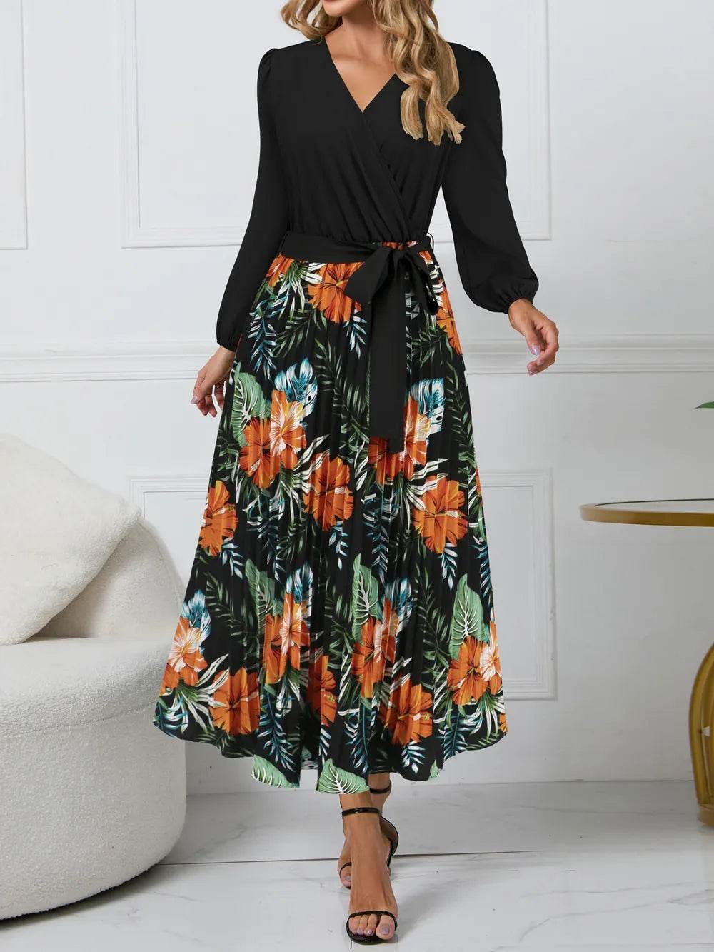 Pleated Floral Surplice Long Sleeve Dress - MARIGOLD