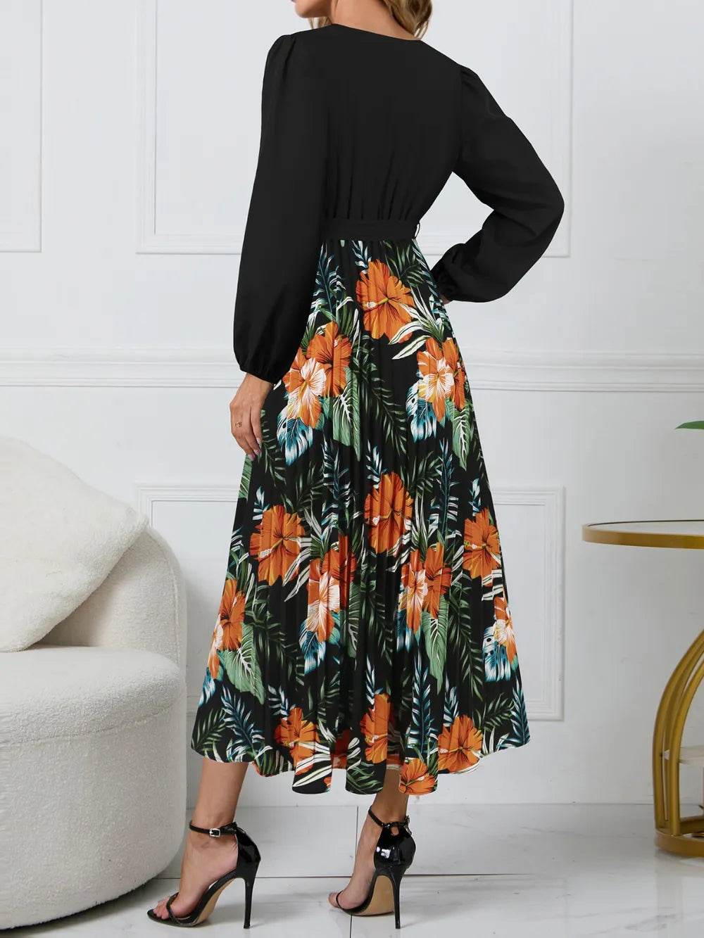 Pleated Floral Surplice Long Sleeve Dress - MARIGOLD
