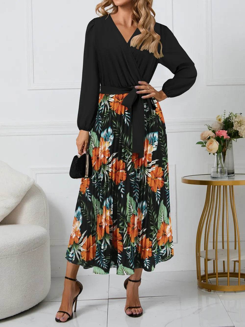 Pleated Floral Surplice Long Sleeve Dress - MARIGOLD