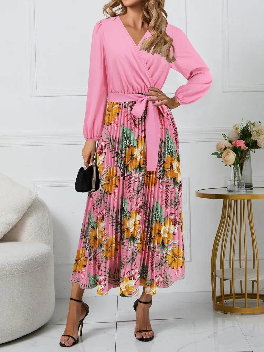 Pleated Floral Surplice Long Sleeve Dress - MARIGOLD