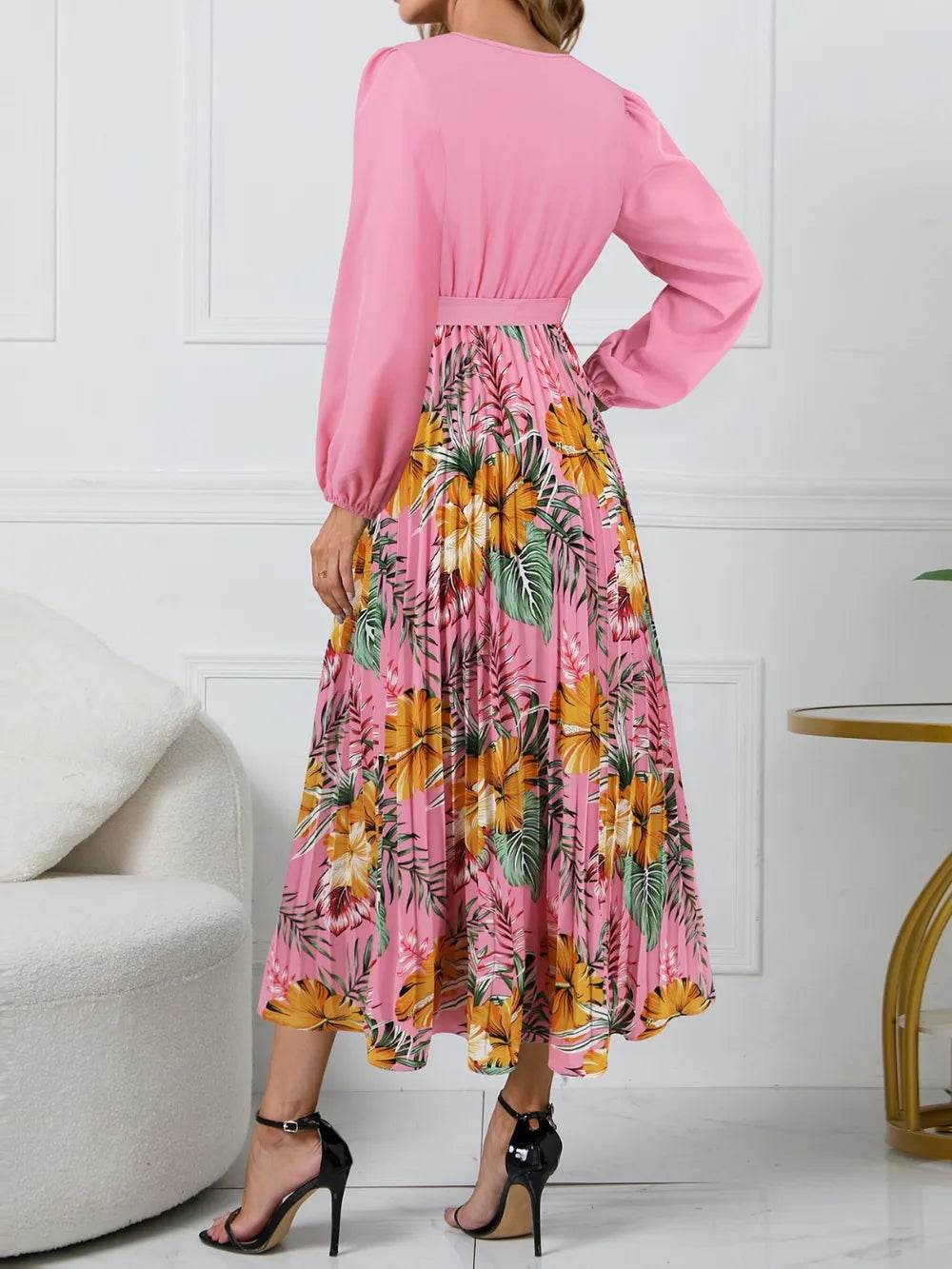 Pleated Floral Surplice Long Sleeve Dress - MARIGOLD