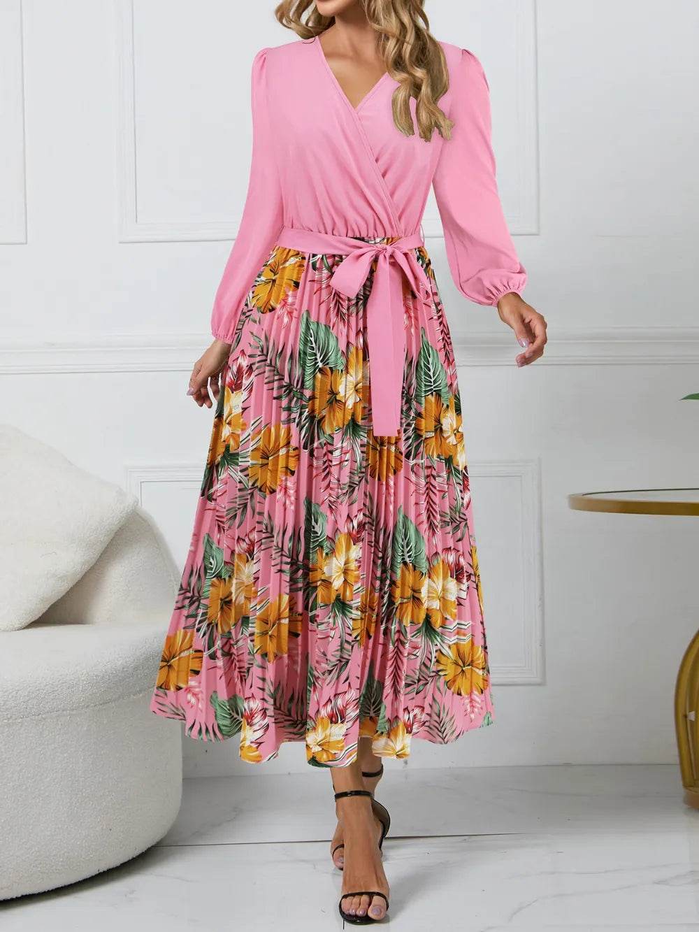Pleated Floral Surplice Long Sleeve Dress - MARIGOLD