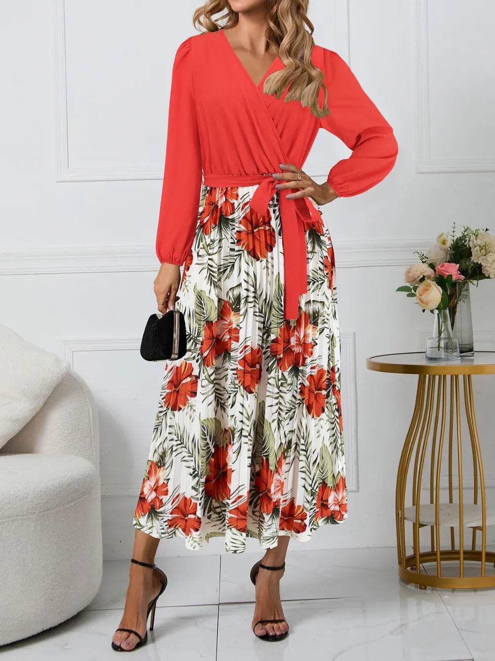 Pleated Floral Surplice Long Sleeve Dress - MARIGOLD