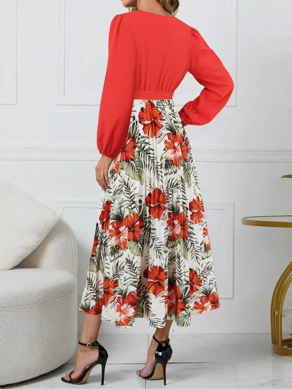 Pleated Floral Surplice Long Sleeve Dress - MARIGOLD