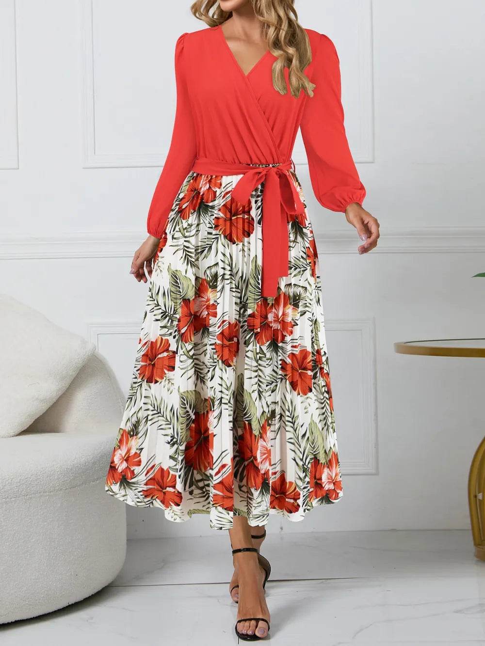 Pleated Floral Surplice Long Sleeve Dress - MARIGOLD