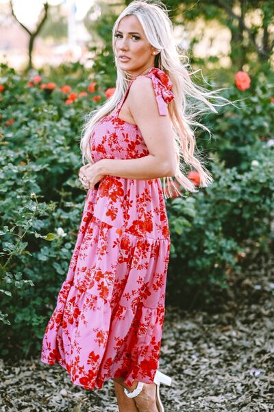 Rose-Print Shoulder-Tie Tiered Dress - MARIGOLD