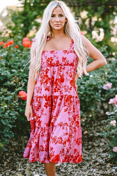 Rose-Print Shoulder-Tie Tiered Dress - MARIGOLD