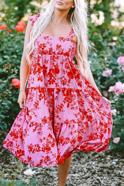Rose-Print Shoulder-Tie Tiered Dress - MARIGOLD