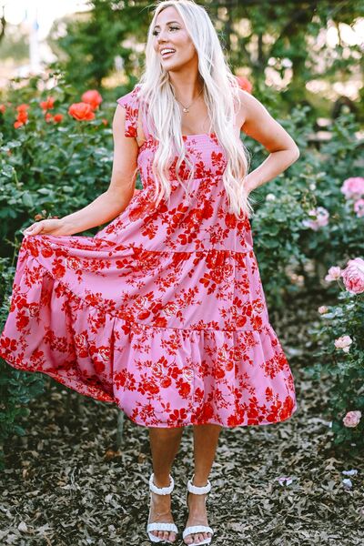 Rose-Print Shoulder-Tie Tiered Dress - MARIGOLD