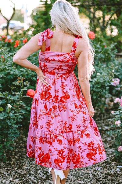 Rose-Print Shoulder-Tie Tiered Dress - MARIGOLD