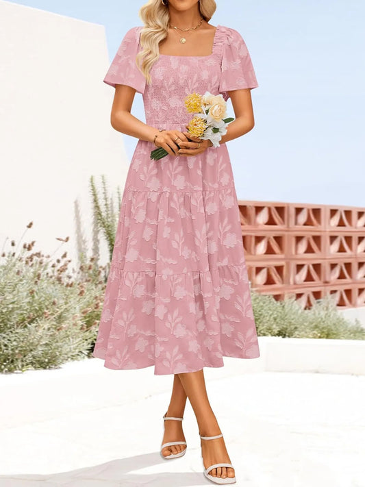 Smocked Square Neck Short Sleeve Dress Pink