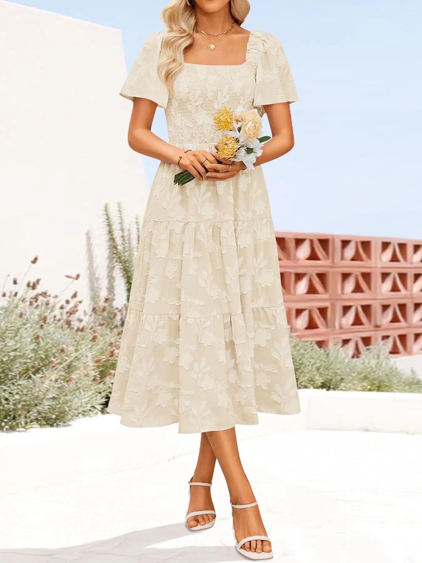 Smocked Square Neck Short Sleeve Dress Apricot