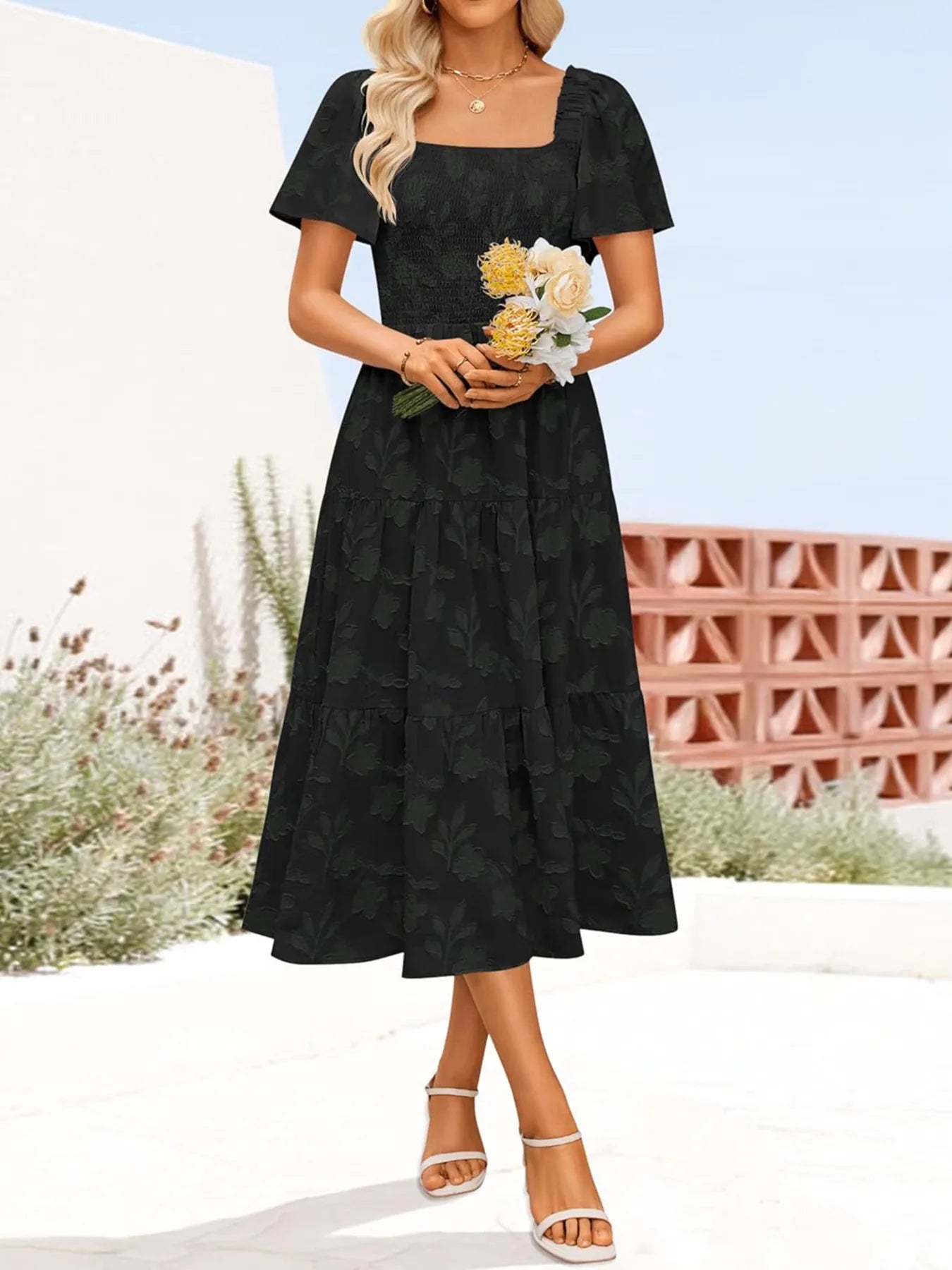 Smocked Square Neck Short Sleeve Dress Black