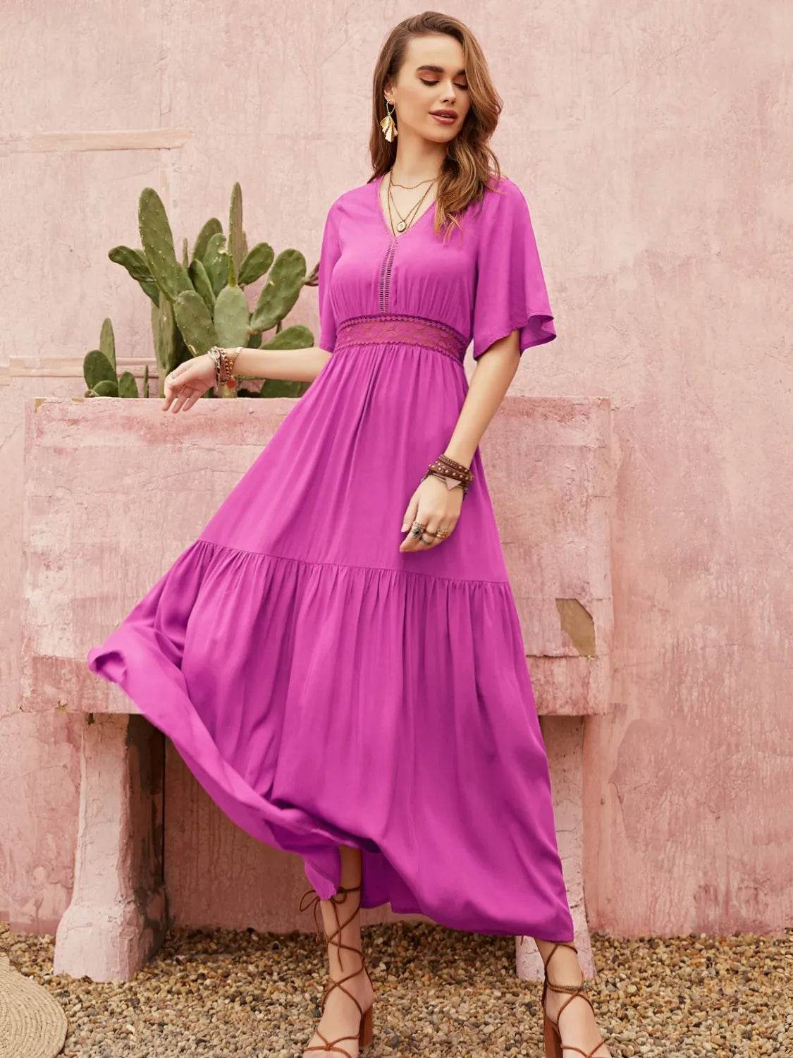 Angel Sleeve Lace Waist Midi Dress - MARIGOLD