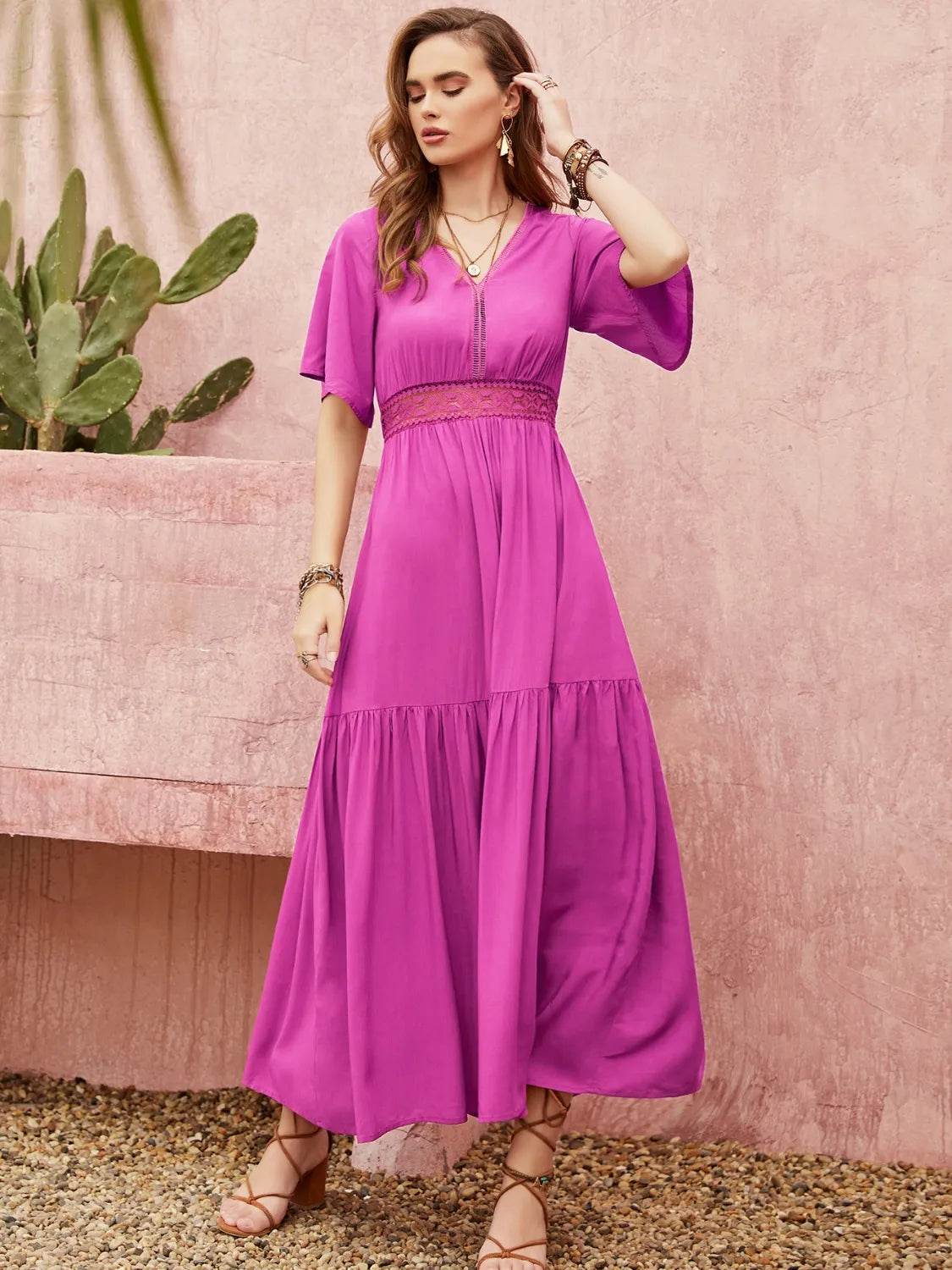 Angel Sleeve Lace Waist Midi Dress - MARIGOLD