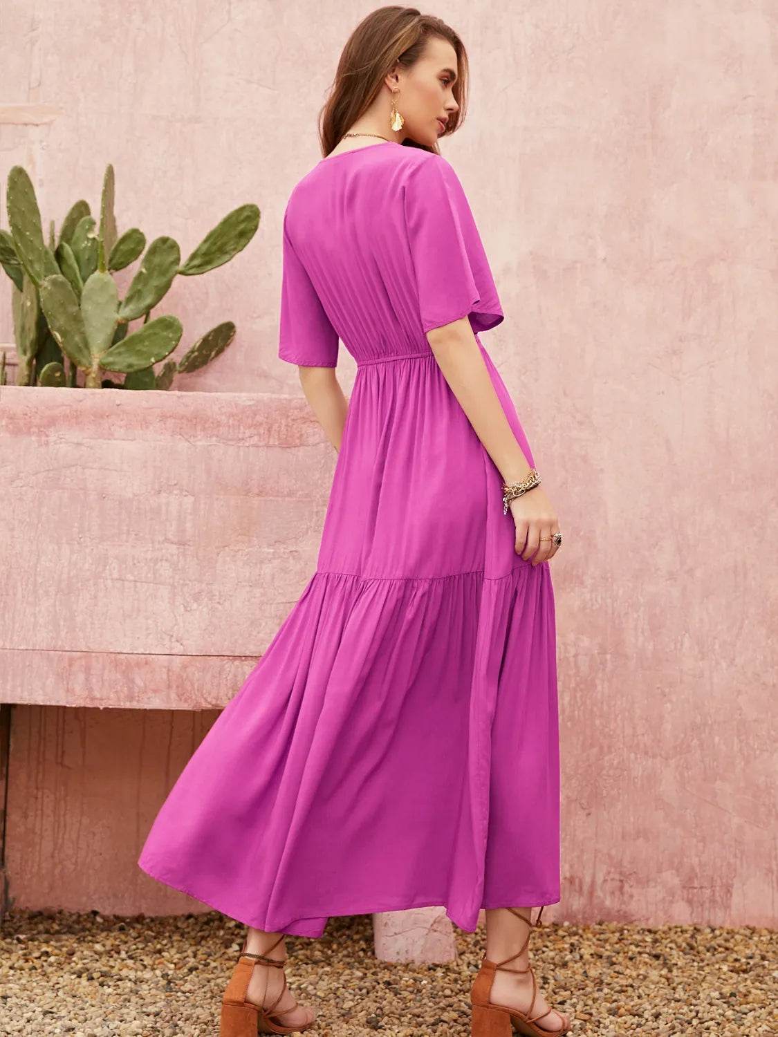 Angel Sleeve Lace Waist Midi Dress - MARIGOLD