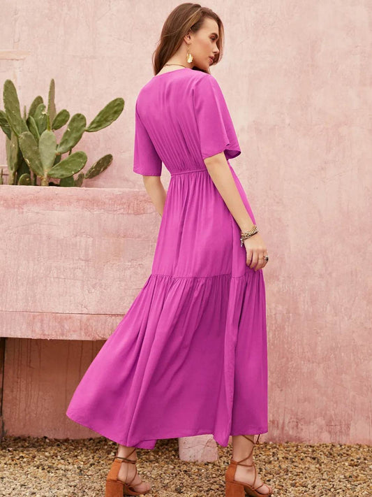 Angel Sleeve Lace Waist Midi Dress - MARIGOLD
