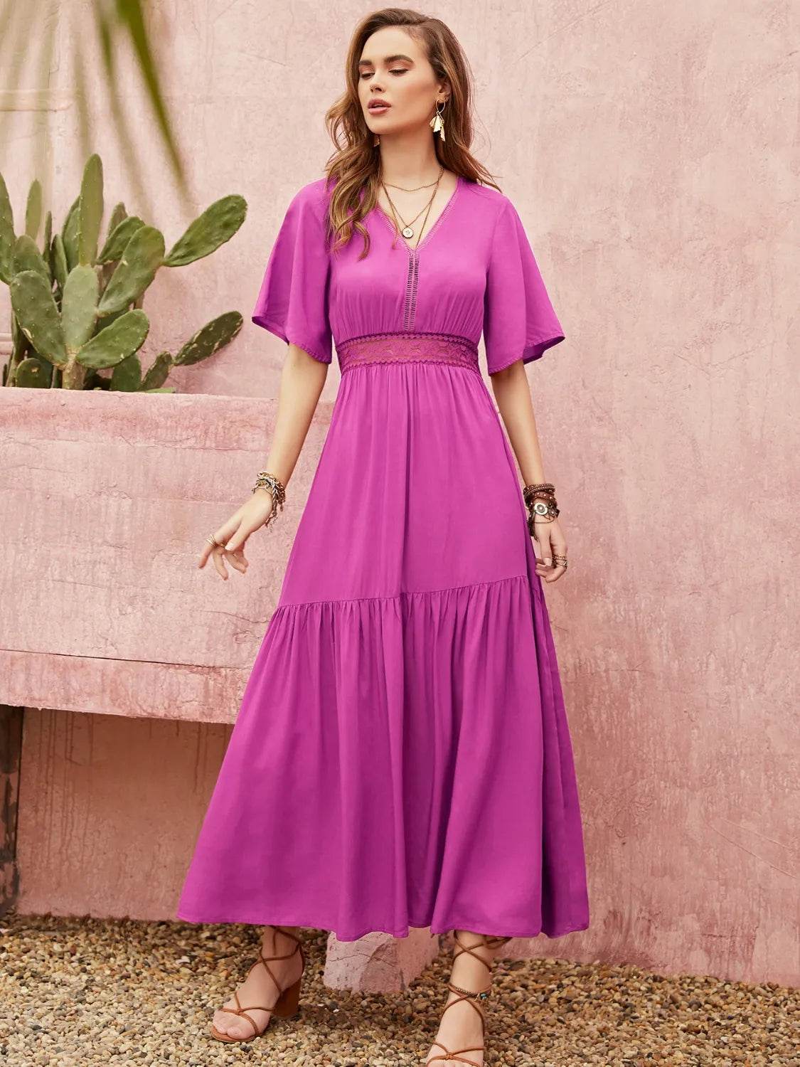 Angel Sleeve Lace Waist Midi Dress - MARIGOLD