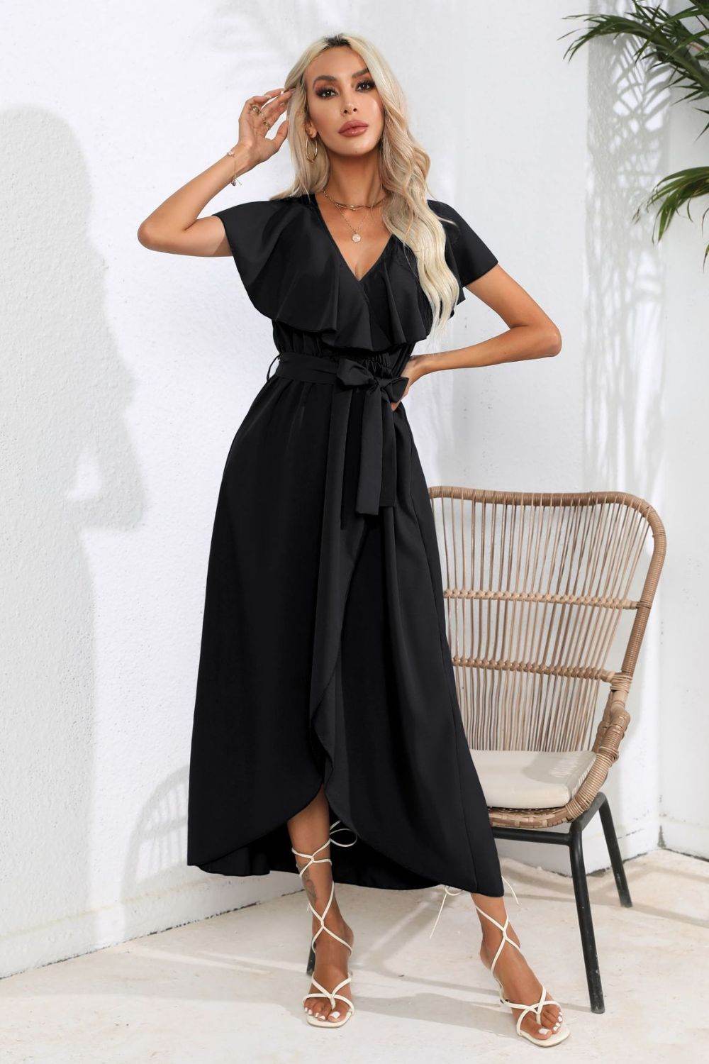Waist-Tied Ruffled Neckline Short Sleeve Midi Dress - MARIGOLD