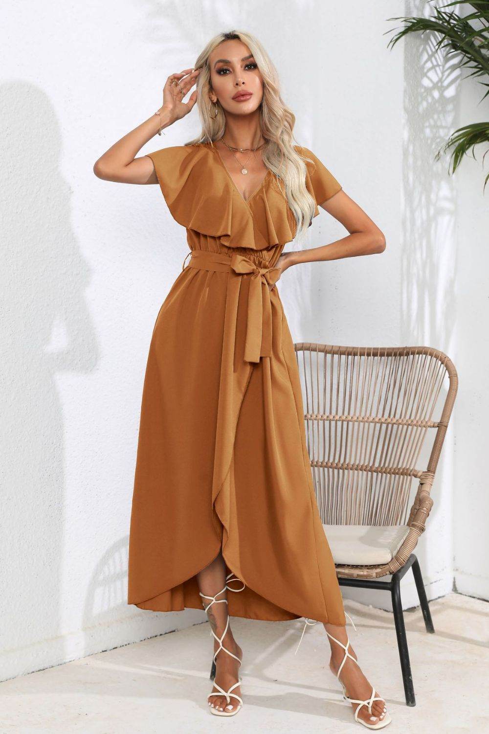 Waist-Tied Ruffled Neckline Short Sleeve Midi Dress - MARIGOLD
