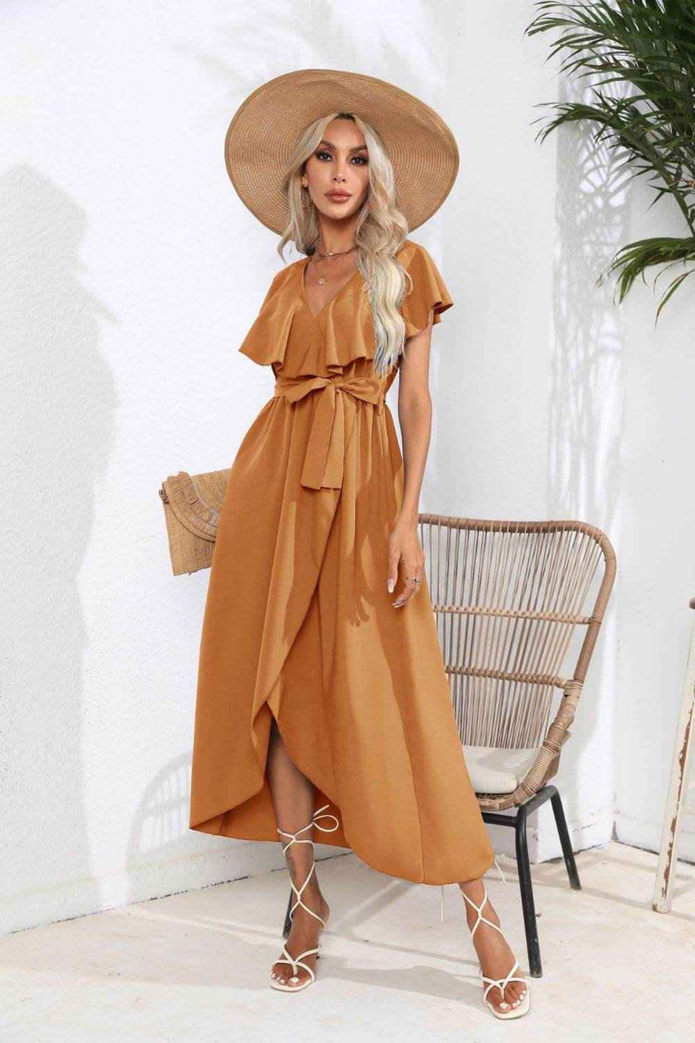 Waist-Tied Ruffled Neckline Short Sleeve Midi Dress - MARIGOLD