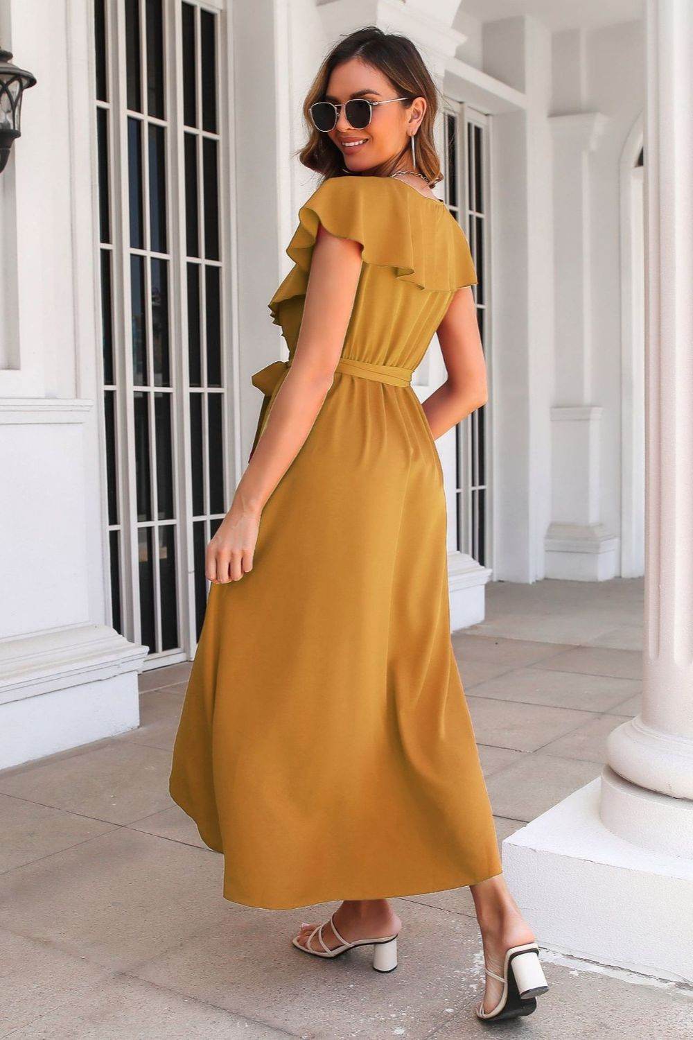 Waist-Tied Ruffled Neckline Short Sleeve Midi Dress - MARIGOLD