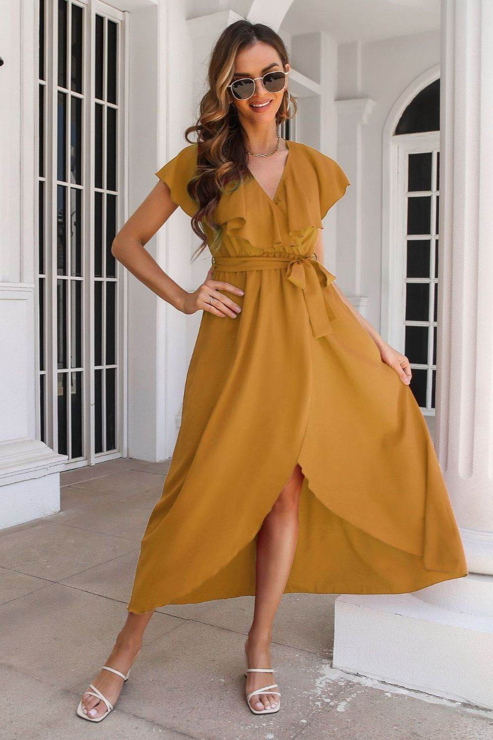Waist-Tied Ruffled Neckline Short Sleeve Midi Dress - MARIGOLD