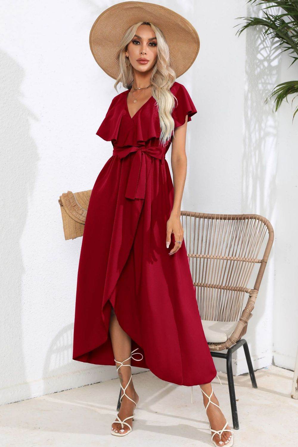 Waist-Tied Ruffled Neckline Short Sleeve Midi Dress - MARIGOLD