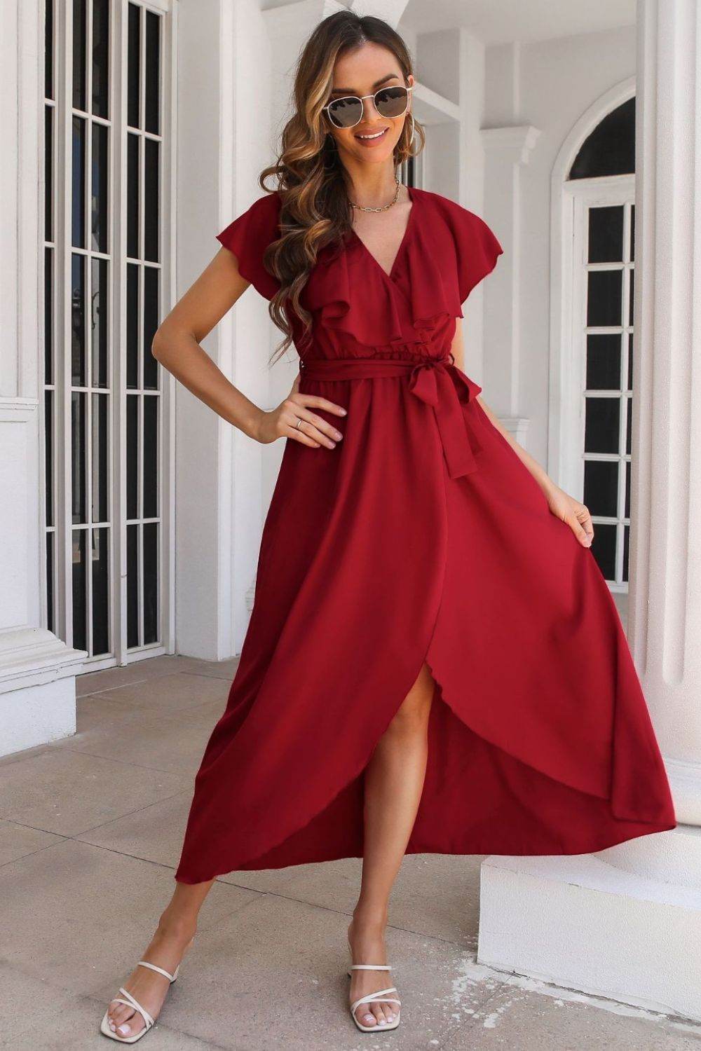Waist-Tied Ruffled Neckline Short Sleeve Midi Dress - MARIGOLD