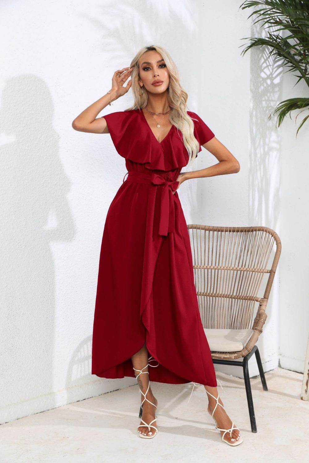 Waist-Tied Ruffled Neckline Short Sleeve Midi Dress - MARIGOLD