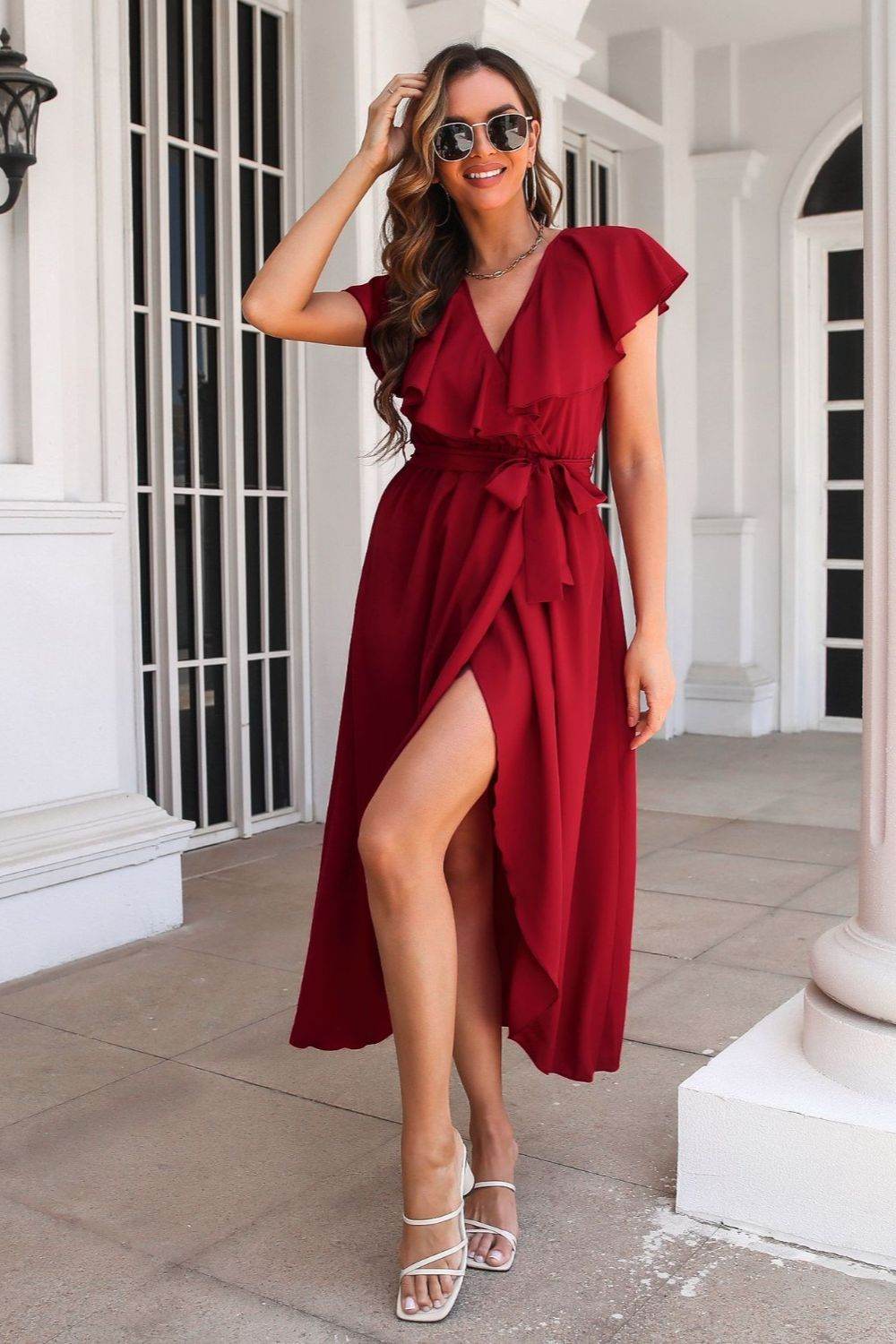 Waist-Tied Ruffled Neckline Short Sleeve Midi Dress - MARIGOLD