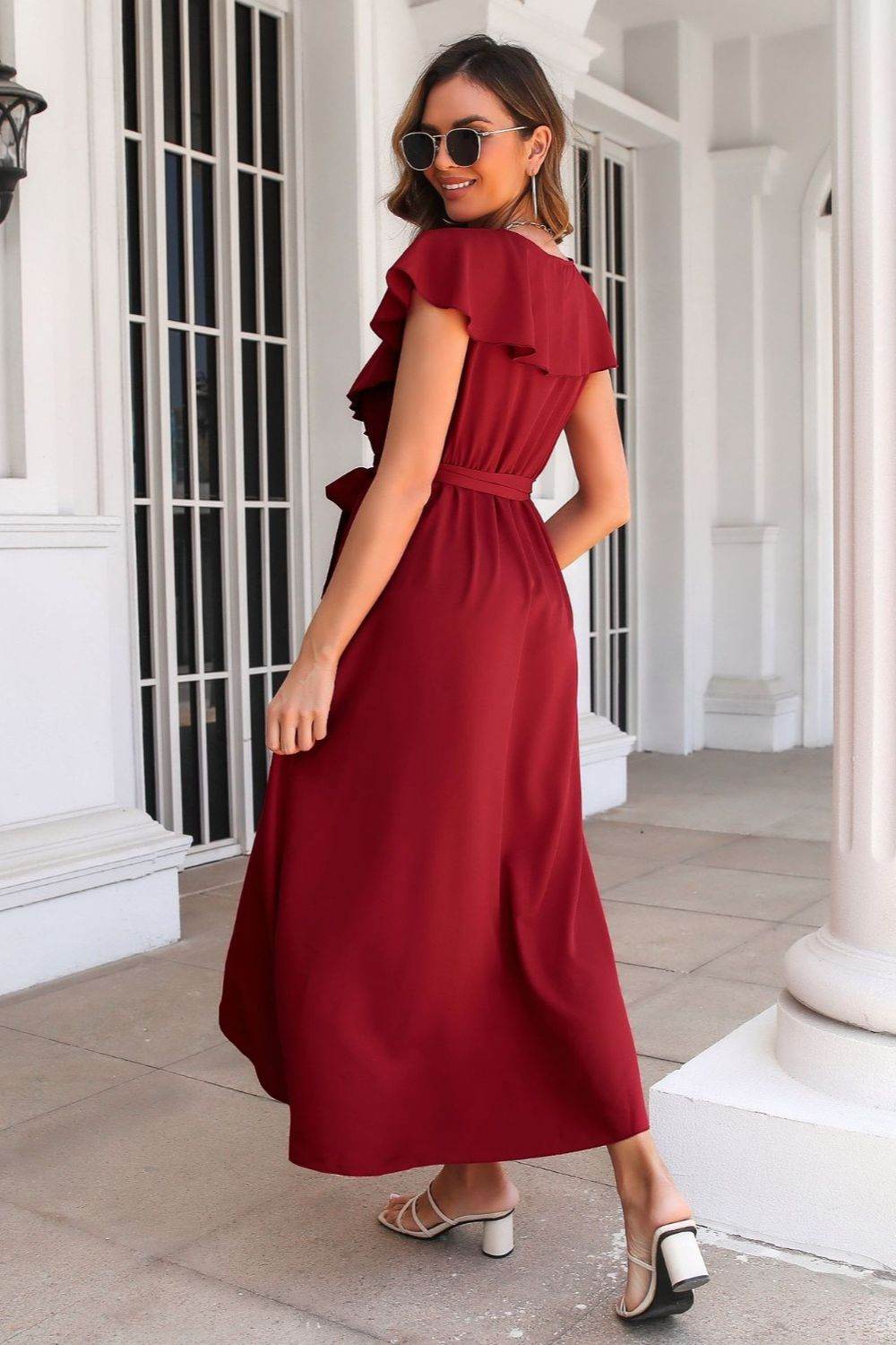 Waist-Tied Ruffled Neckline Short Sleeve Midi Dress - MARIGOLD