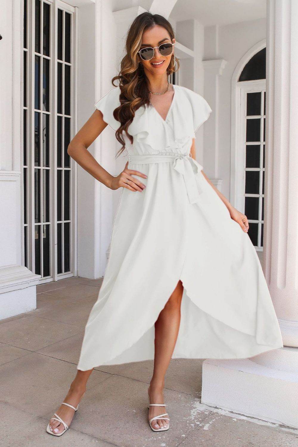 Waist-Tied Ruffled Neckline Short Sleeve Midi Dress - MARIGOLD