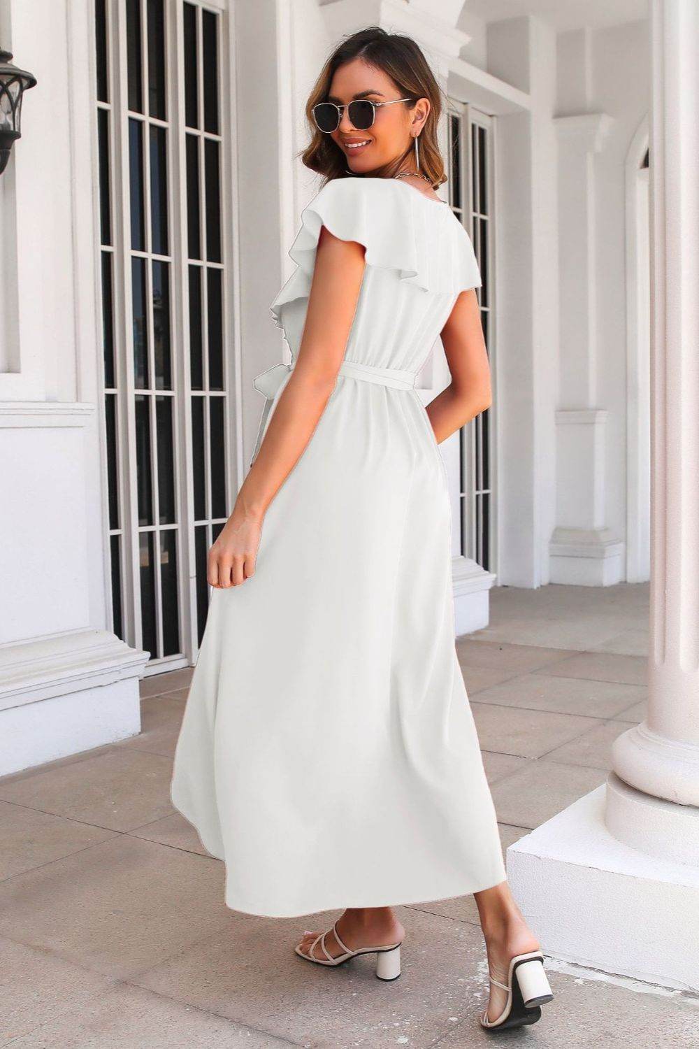 Waist-Tied Ruffled Neckline Short Sleeve Midi Dress - MARIGOLD